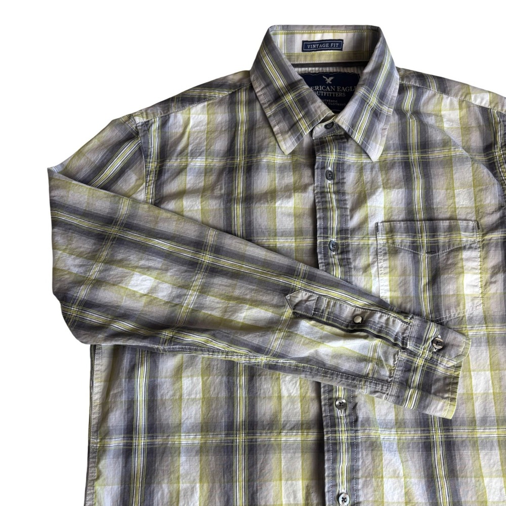 American Eagle Mens Plaid Button Down Shirt Green Grey Vintage Fit M Pearl Snap